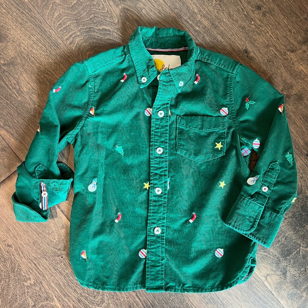 Mini Boden Green Corduroy Christmas Embroidered Button Down Shirt